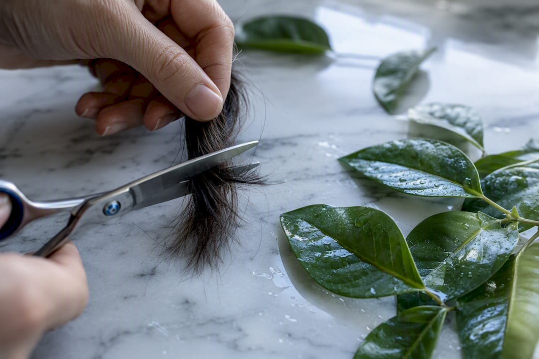 Close-up of hair sample being cut with leaves nearby
