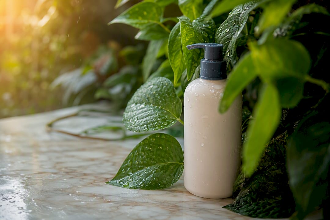 Shampoo bottle with fresh leaves and dew