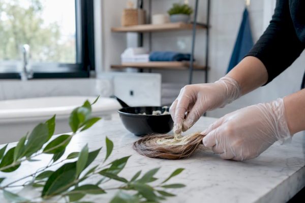 Hands applying bleach to coiled hair on leaf