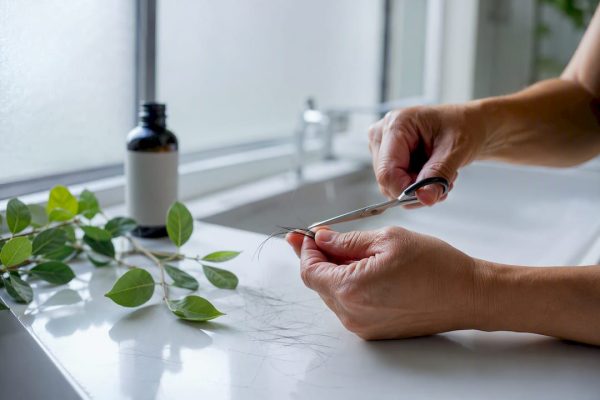 Hand cutting hair strand over green leaves