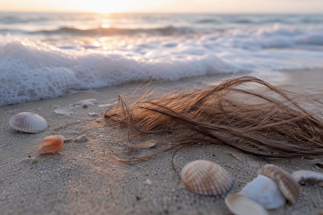 Hair strands with damage texture on wooden surface with leaves