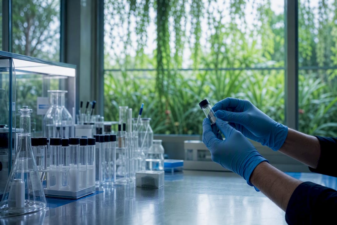 Gloved hand handling hair sample in forensic lab with greenery outside