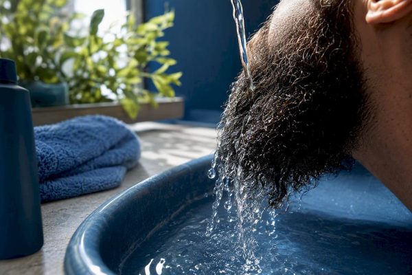 Beard hair rinsed during cleansing protocol