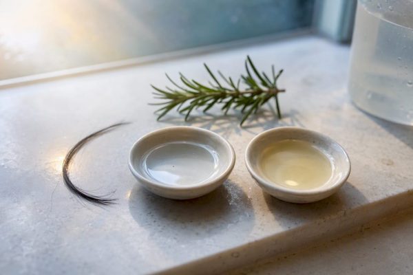 Hair strand beside cleansing solution bowls