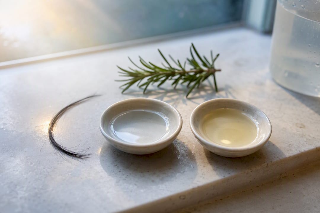 Hair strand beside cleansing solution bowls