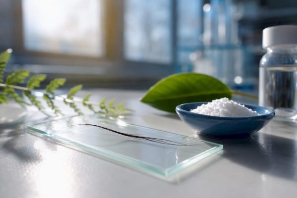 Hair strand beside baking soda in laboratory setting
