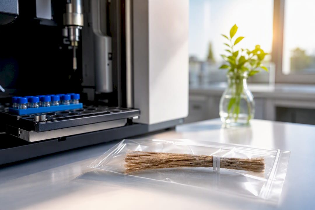 Hair sample beside laboratory analysis instrument