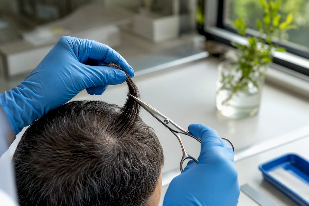 Technician sectioning hair for laboratory testing