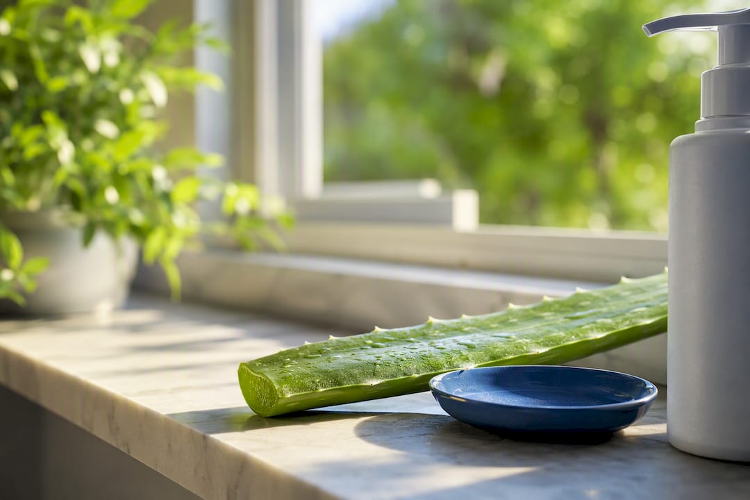 Aloe leaf beside anonymous shampoo container