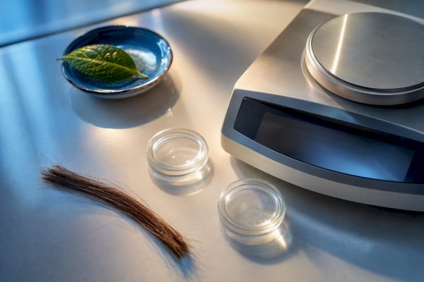 Hair sample beside laboratory measurement tools