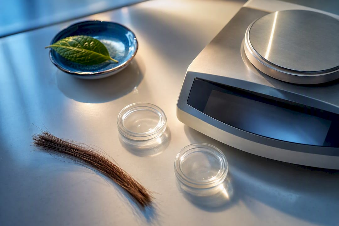 Hair sample beside laboratory measurement tools