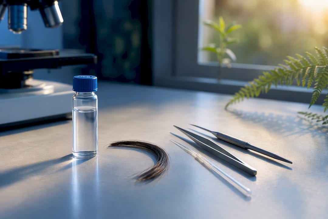 Hair specimen and vial in analytical laboratory