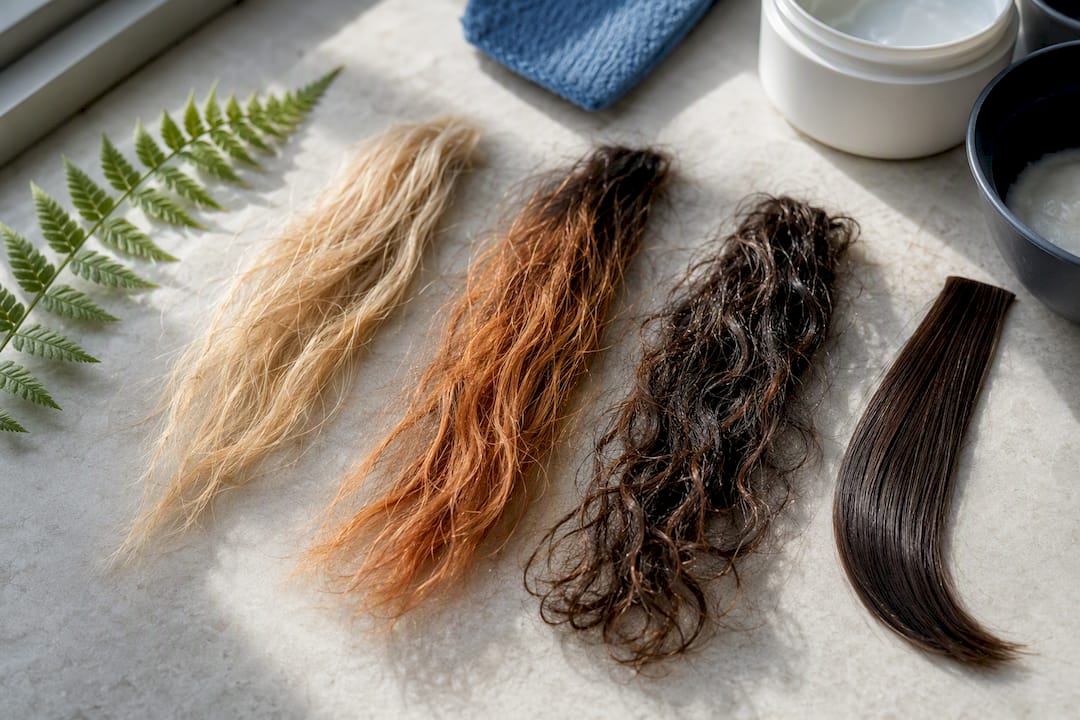 Processed hair showing brittle discolored ends