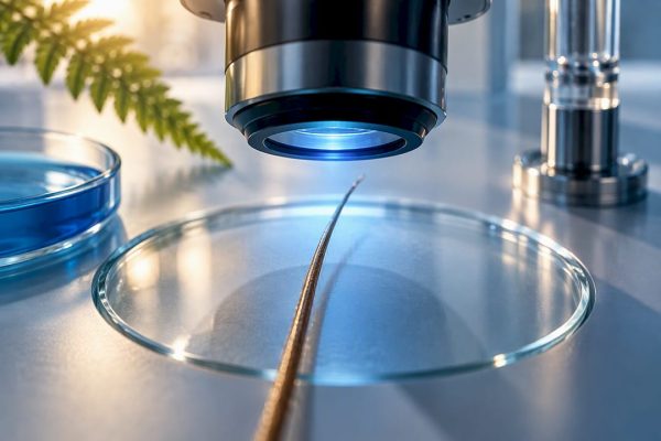 Hair fiber under laboratory analysis lens