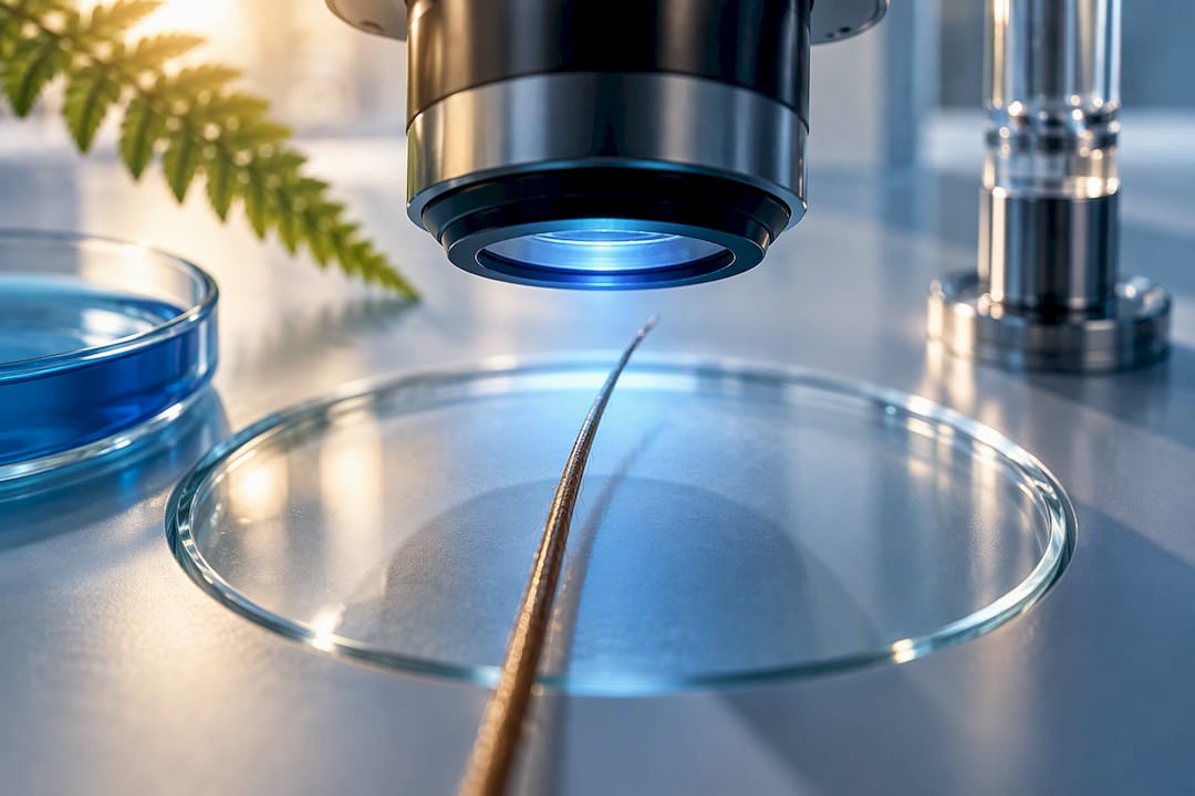 Hair fiber under laboratory analysis lens