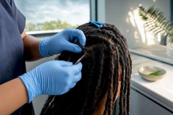 Technician separating dreadlocks during collection