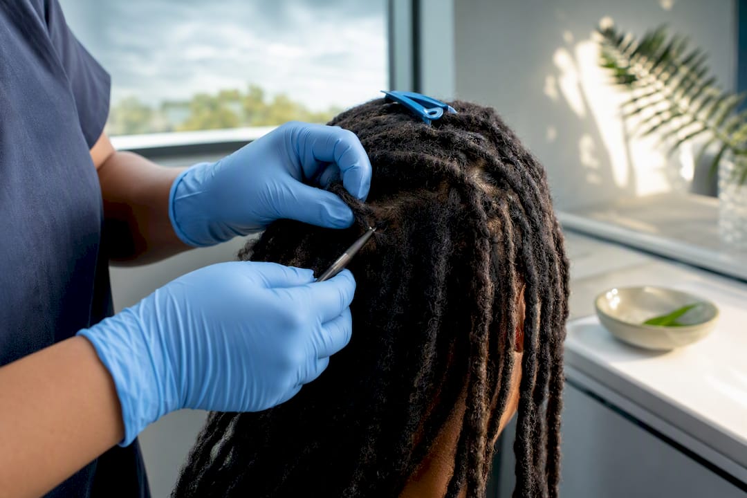 Technician separating dreadlocks during collection