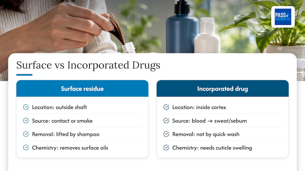 Surface contamination versus incorporated hair drug pathways