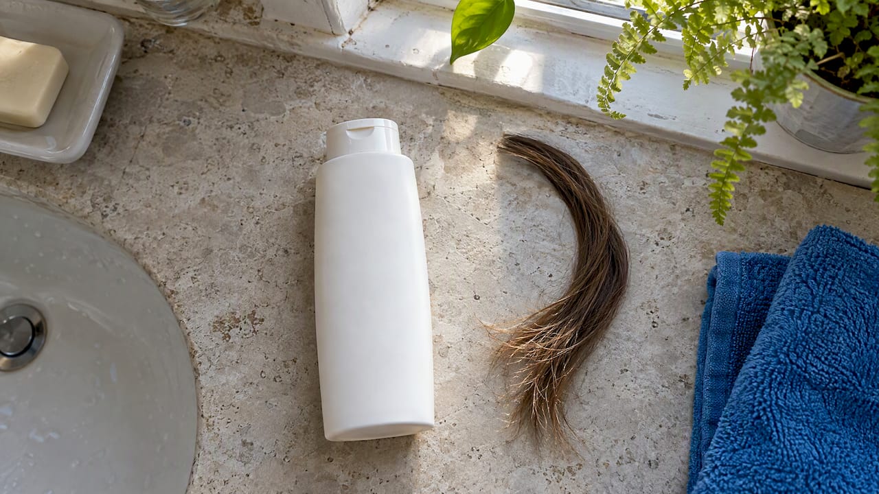 Dry damaged hair beside detox shampoo bottle