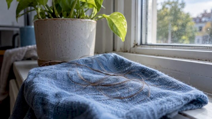 Loose hair strands beside a fresh green leaf