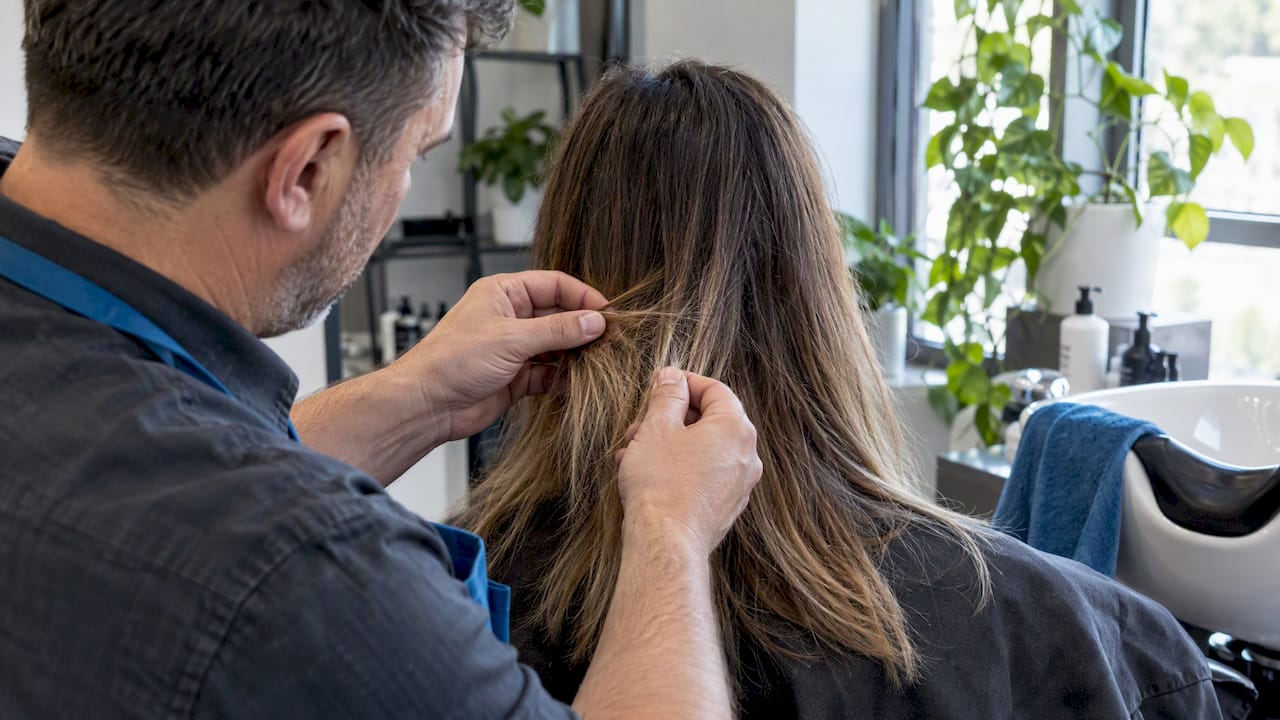 Hairstylist inspecting chemically treated hair ends