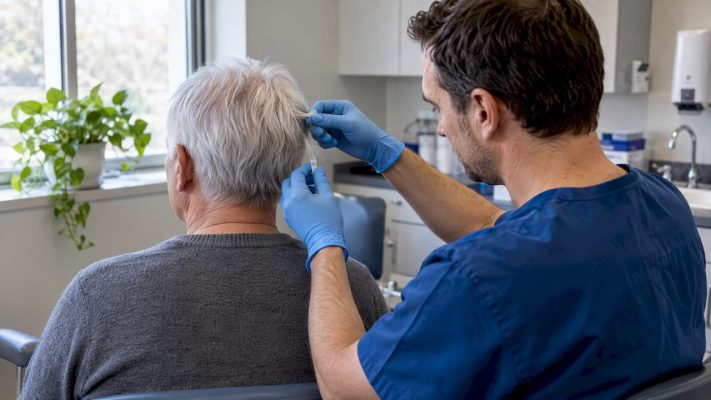 Technician collecting a sample of white hair