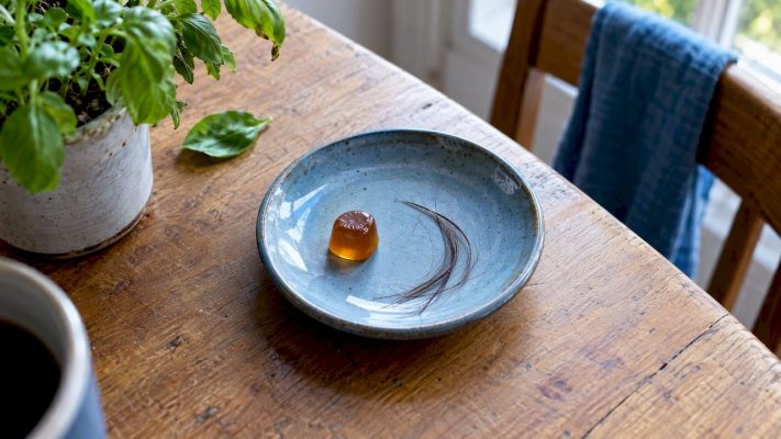 Gummy beside hair strands on a saucer