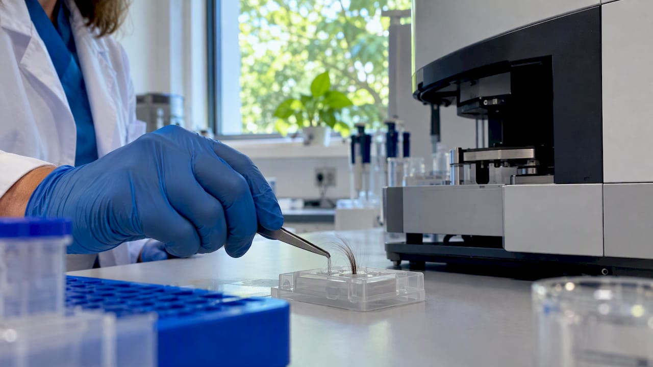 Hair specimen beside a laboratory testing instrument