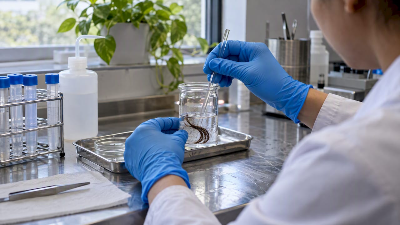 Hair specimen undergoing a laboratory solvent wash