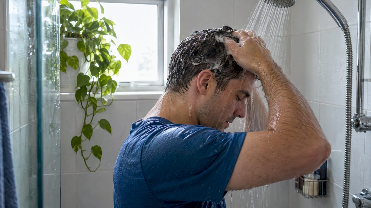 Person washing hair in a home shower