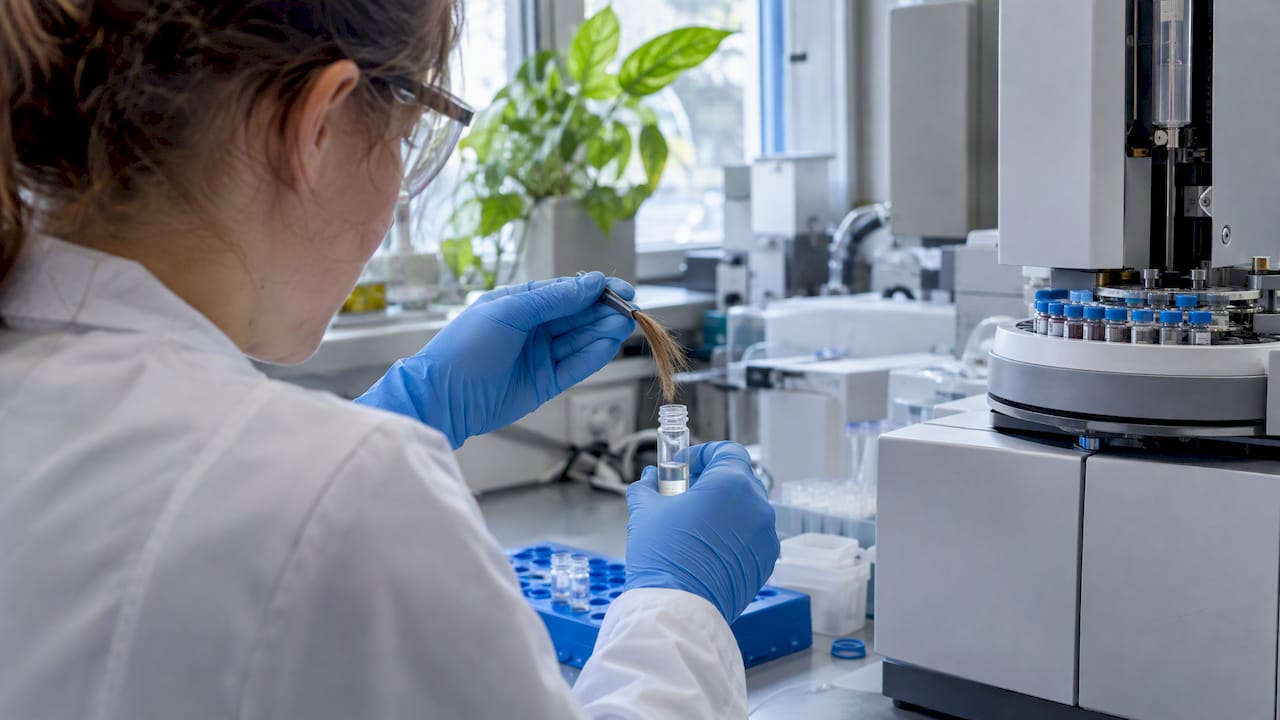 Hair sample beside a toxicology analysis instrument