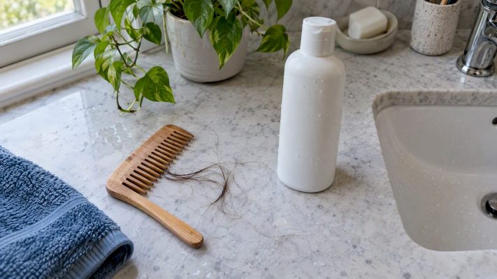 Comb, loose hair, and shampoo on vanity