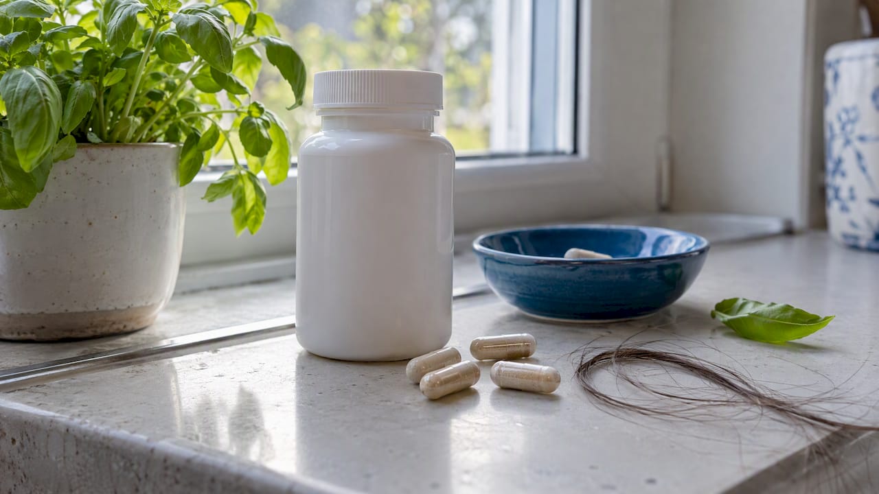 Vitamin bottle beside a small hair sample