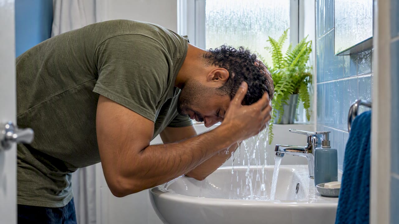 Man rinsing hair at a bathroom basin