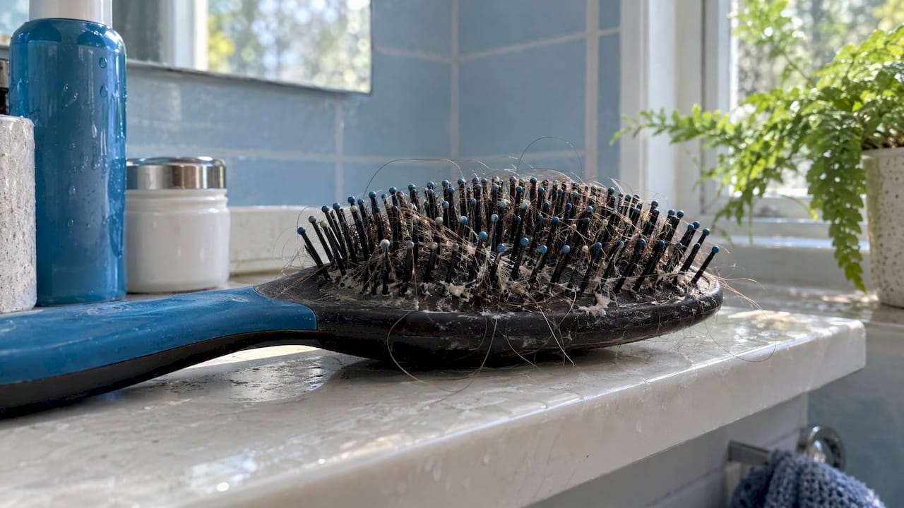 Hair strands with residue on a grooming brush
